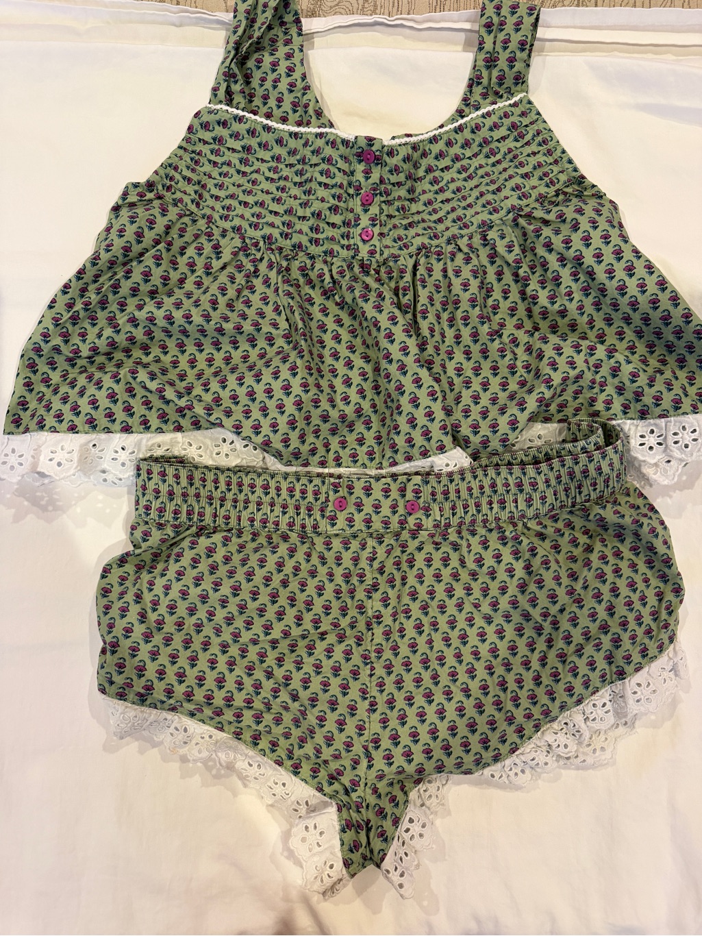 Anthropologie Green Floral Lace-Trim Lounge Set